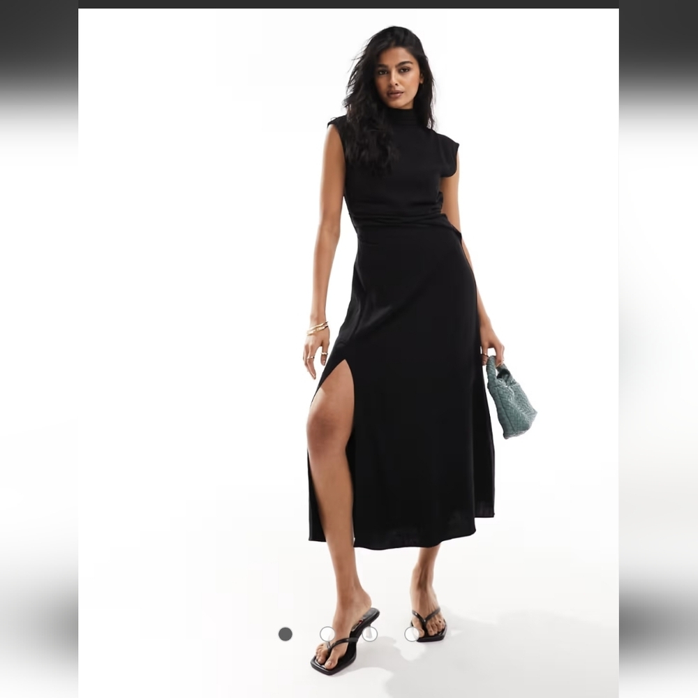 ASOS Elegant Linen Blend Black Midi Dress with Side Slit And High Button Neck